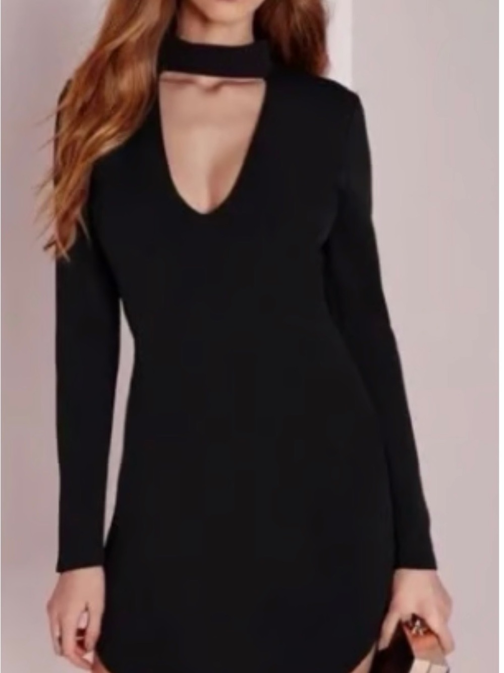 Misssguided  Black Long-Sleeve V-Neck Dress with Mock Neck, NWT size 12